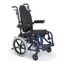 A blue TS with a tall black back, full-length armrests and a large rear wheel