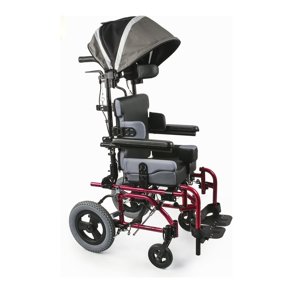 A red TS with a grey canopy, lateral supports and swing-away footplates