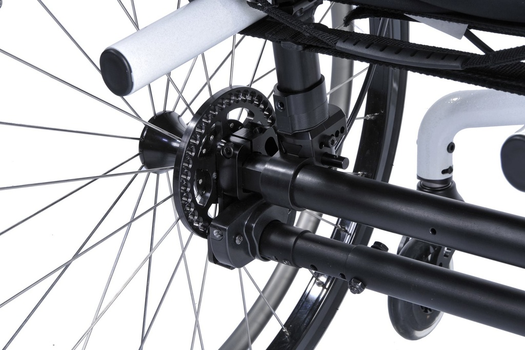 Close-up of a toothed disc and axle hardware on a ZIPPIE Zone seat rail