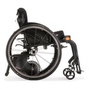Empulse R90 rear-mounted push assist. Side view of the Empulse R90 under a rigid chair, drive wheel down