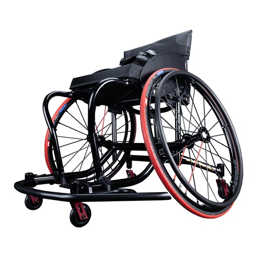 RGK AllCourt basketball wheelchair in black with red tyres, angled side view