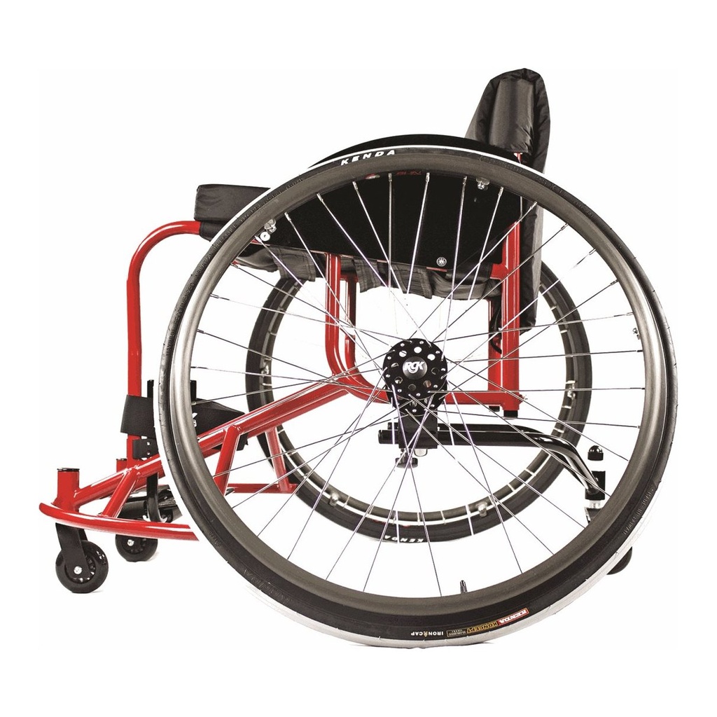 Side of a red Club Sport, showing the large rear wheel and a rear anti-tip