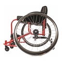 Side of a red Club Sport, showing the large rear wheel and a rear anti-tip