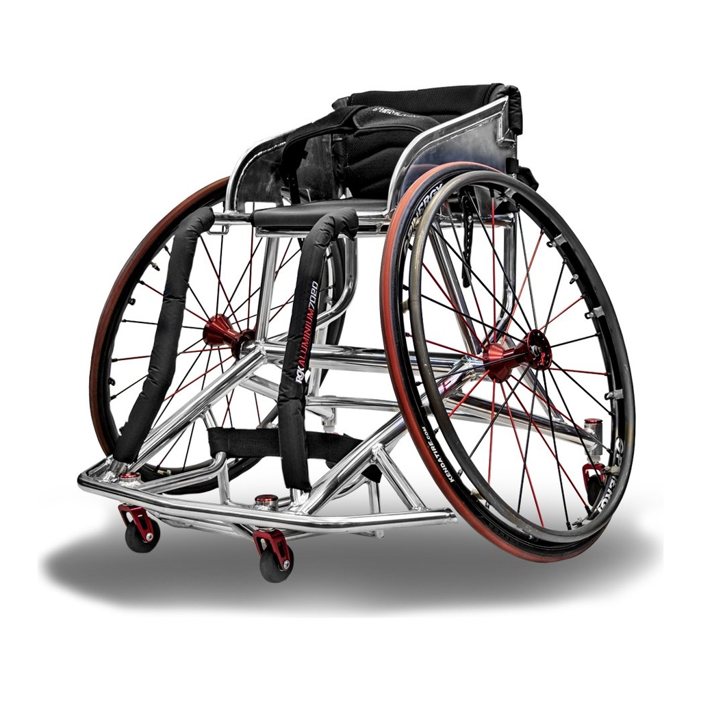 RGK Elite Series basketball wheelchair in polished 7020 aluminium, three-quarter view