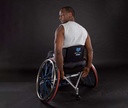 Player seated in an RGK Elite basketball wheelchair, backrest logo visible