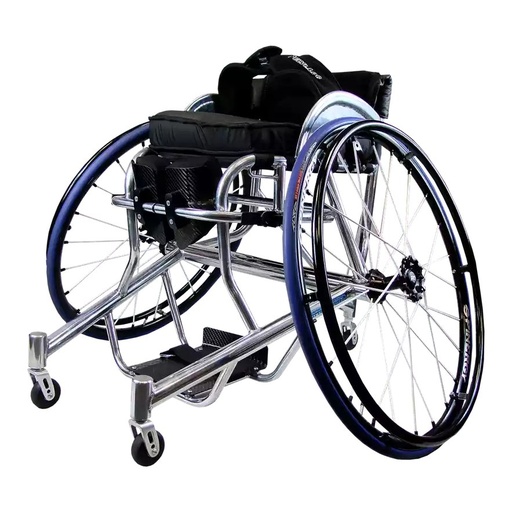 RGK GrandSlam Series tennis wheelchair in polished aluminium, shown from the side