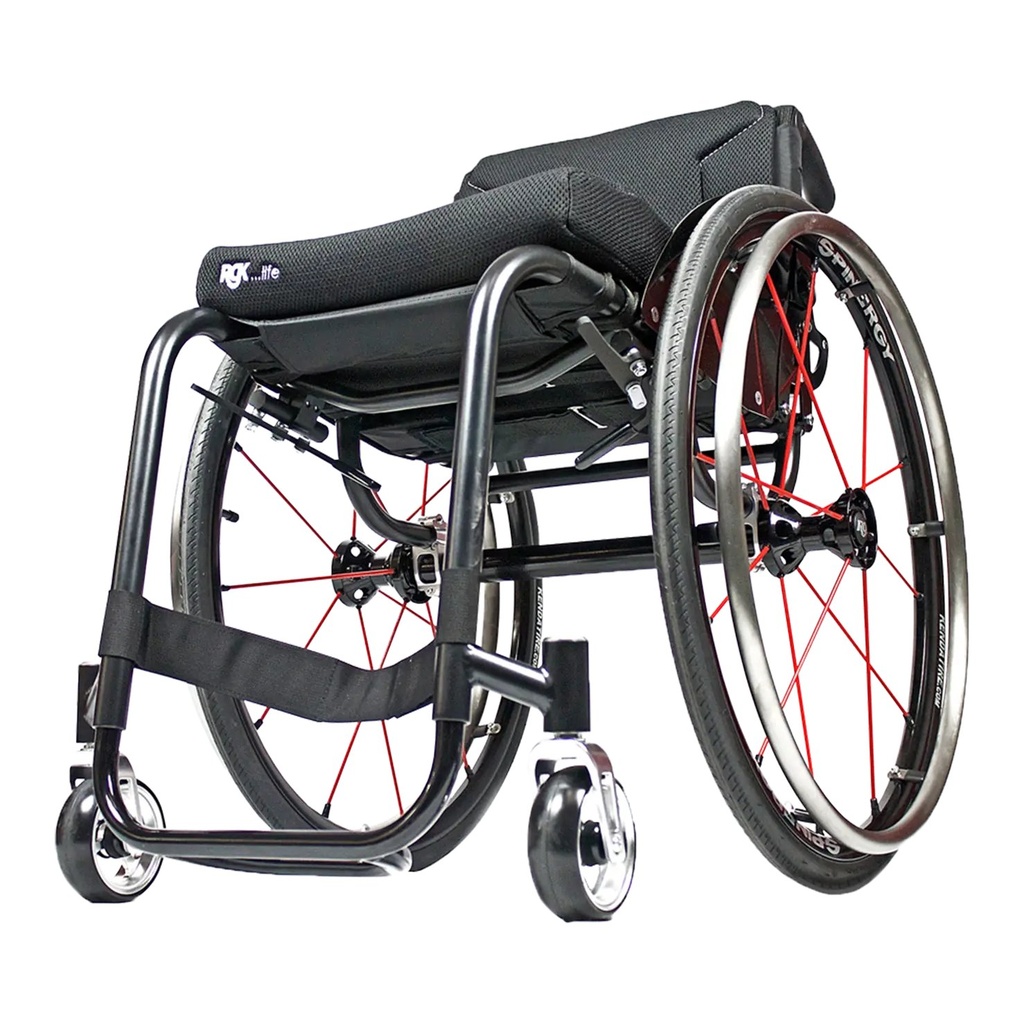 RGK HiLite made-to-measure titanium wheelchair in black, with red spokes