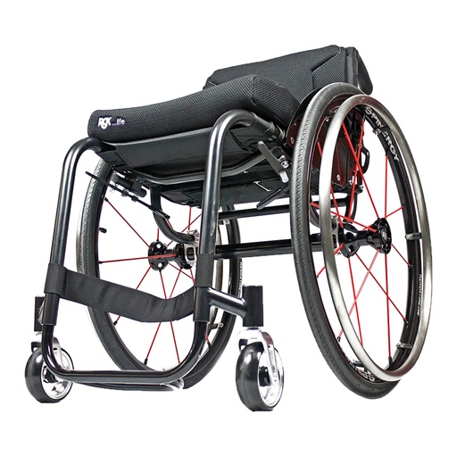 RGK HiLite made-to-measure titanium wheelchair in black, with red spokes