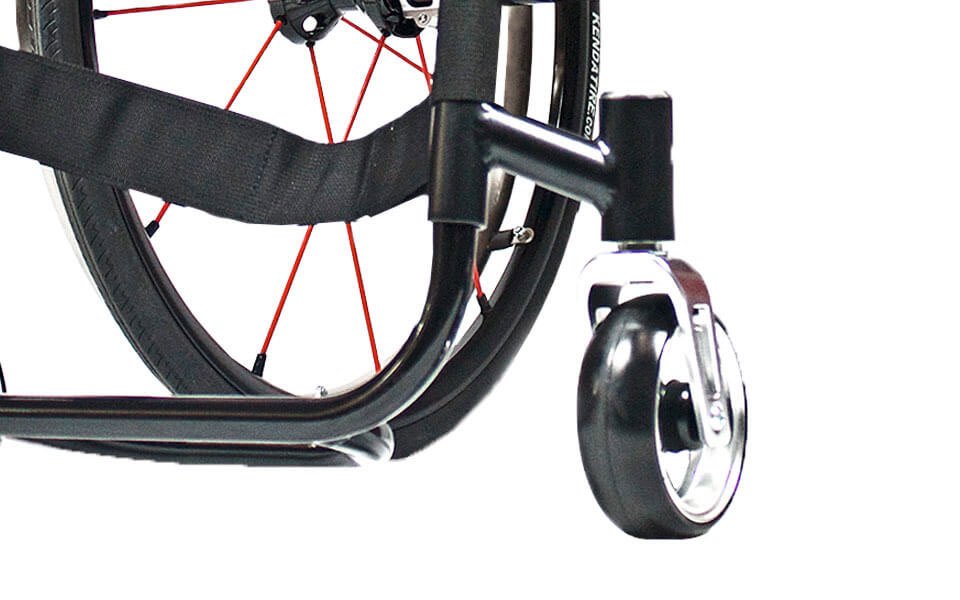 Low ride caster fork and rear wheel on an RGK HiLite wheelchair