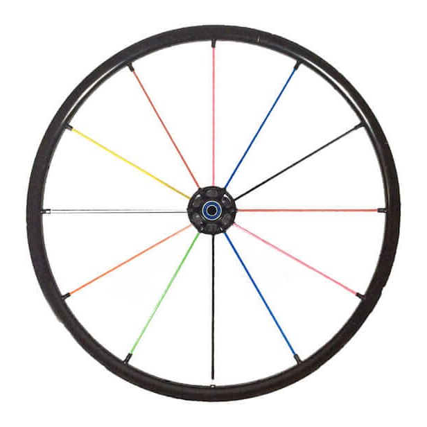 A wheel with multi-colour spokes from the RGK HiLite feature page