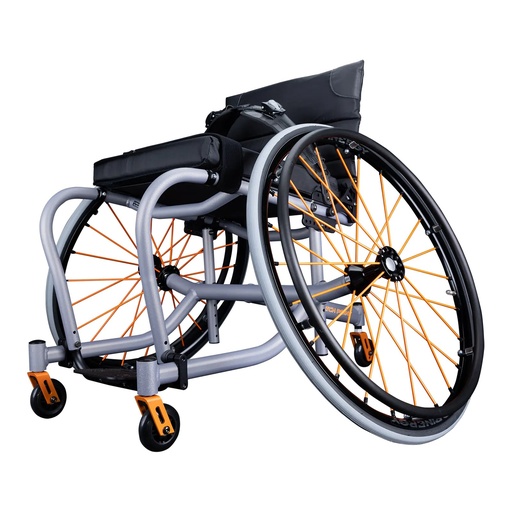 RGK Match Point tennis wheelchair in silver with orange spokes, side view