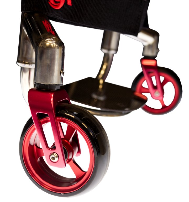 Red caster fork and wheel on an RGK chair from the Octane FX page