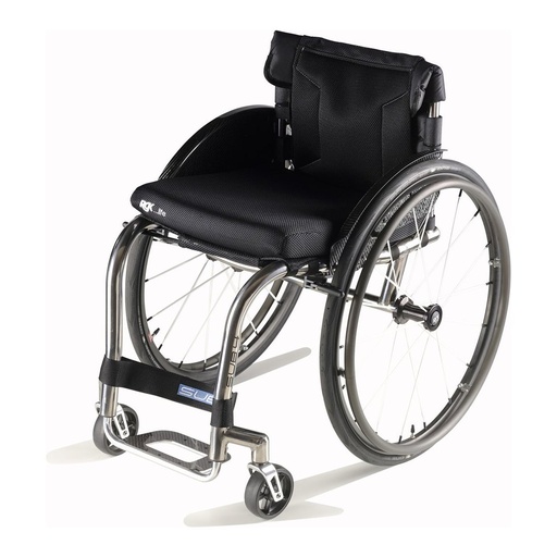Rear three-quarter view of an RGK Octane Sub4 titanium frame with a black backrest