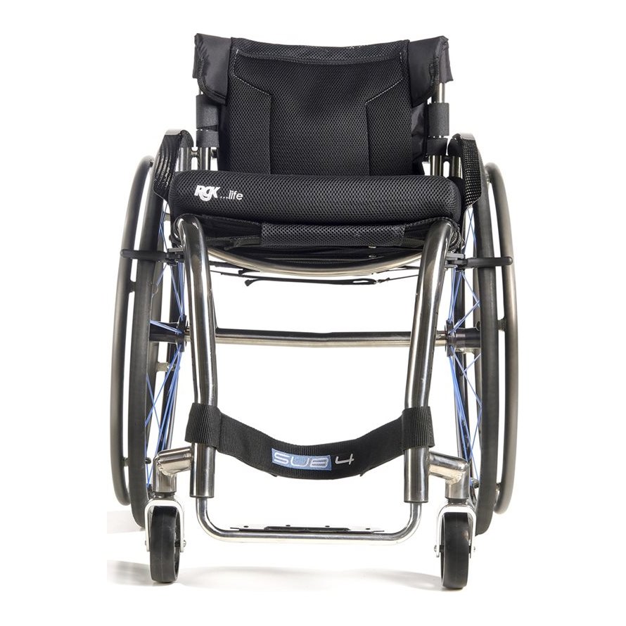 Straight-on view of an RGK Octane Sub4 wheelchair with black casters and a silver frame