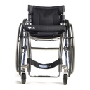 Straight-on view of an RGK Octane Sub4 wheelchair with black casters and a silver frame