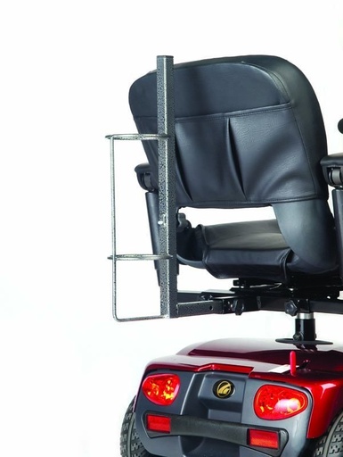 Golden oxygen tank holder, wire cradle on the rear bracket behind the seat