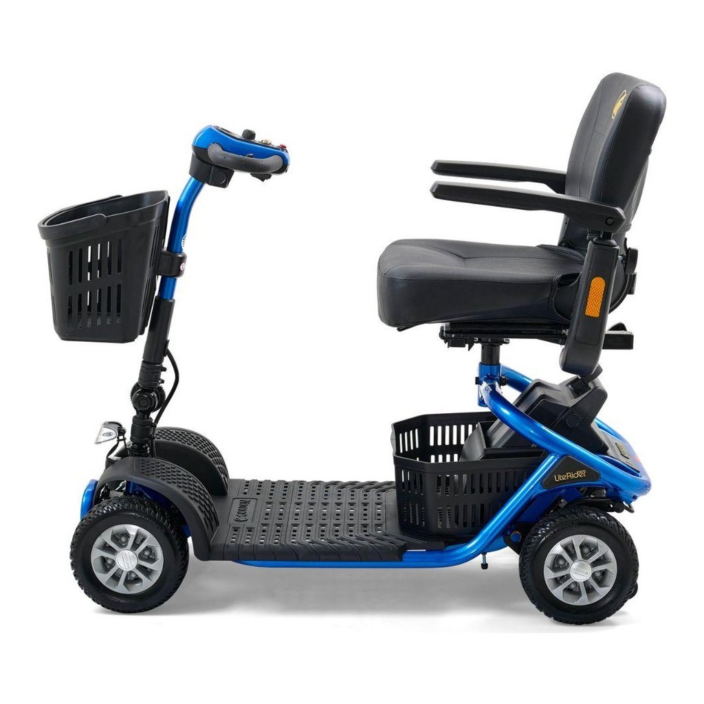 Right side view of the Golden LiteRider GL141 four-wheel scooter in blue