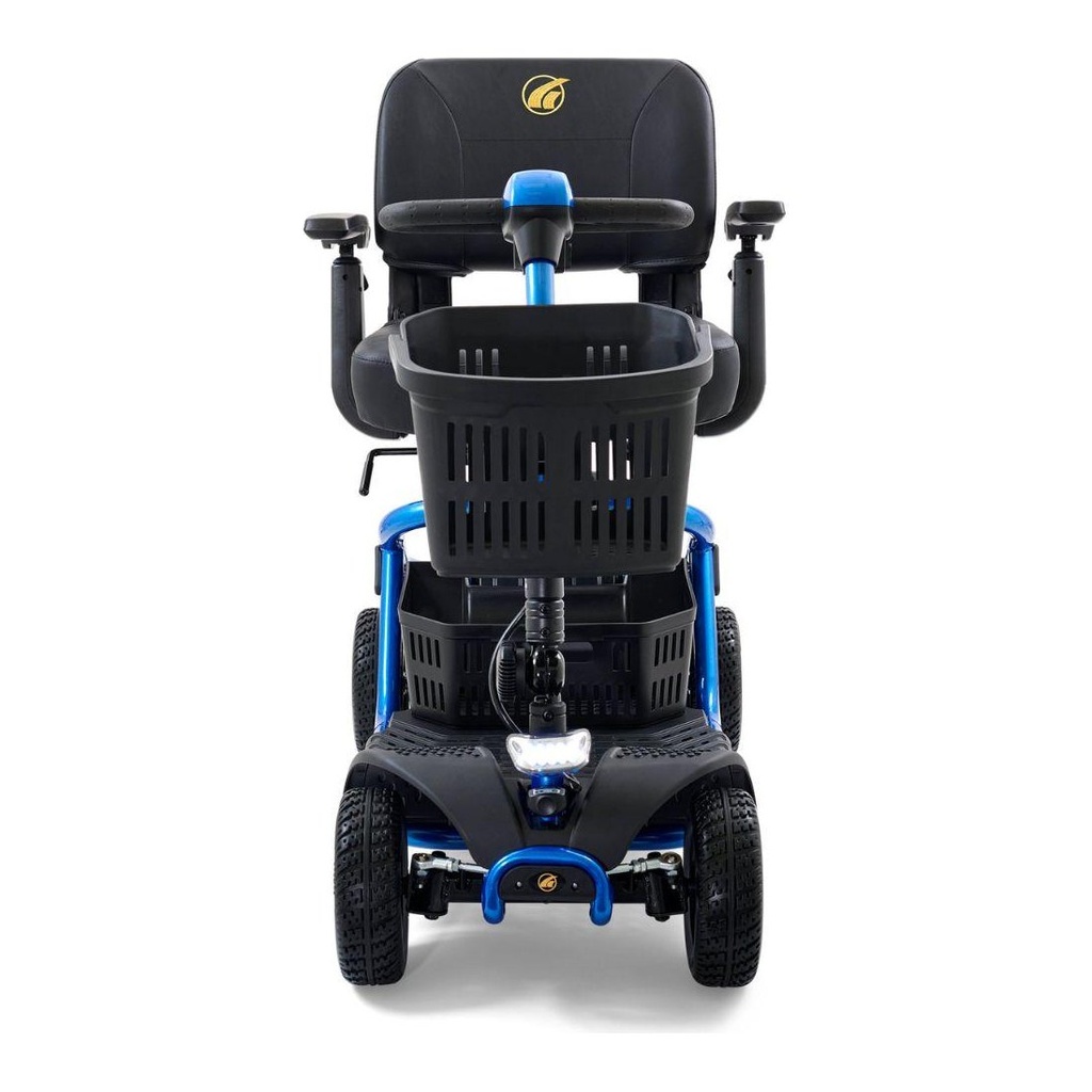 Front view of the blue LiteRider GL141, with its basket and the tiller facing the camera