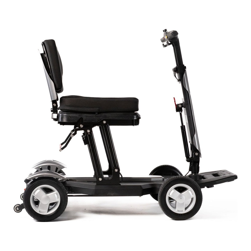 The Helix unfolded from the side, showing the open span deck and the wide four-wheel stance