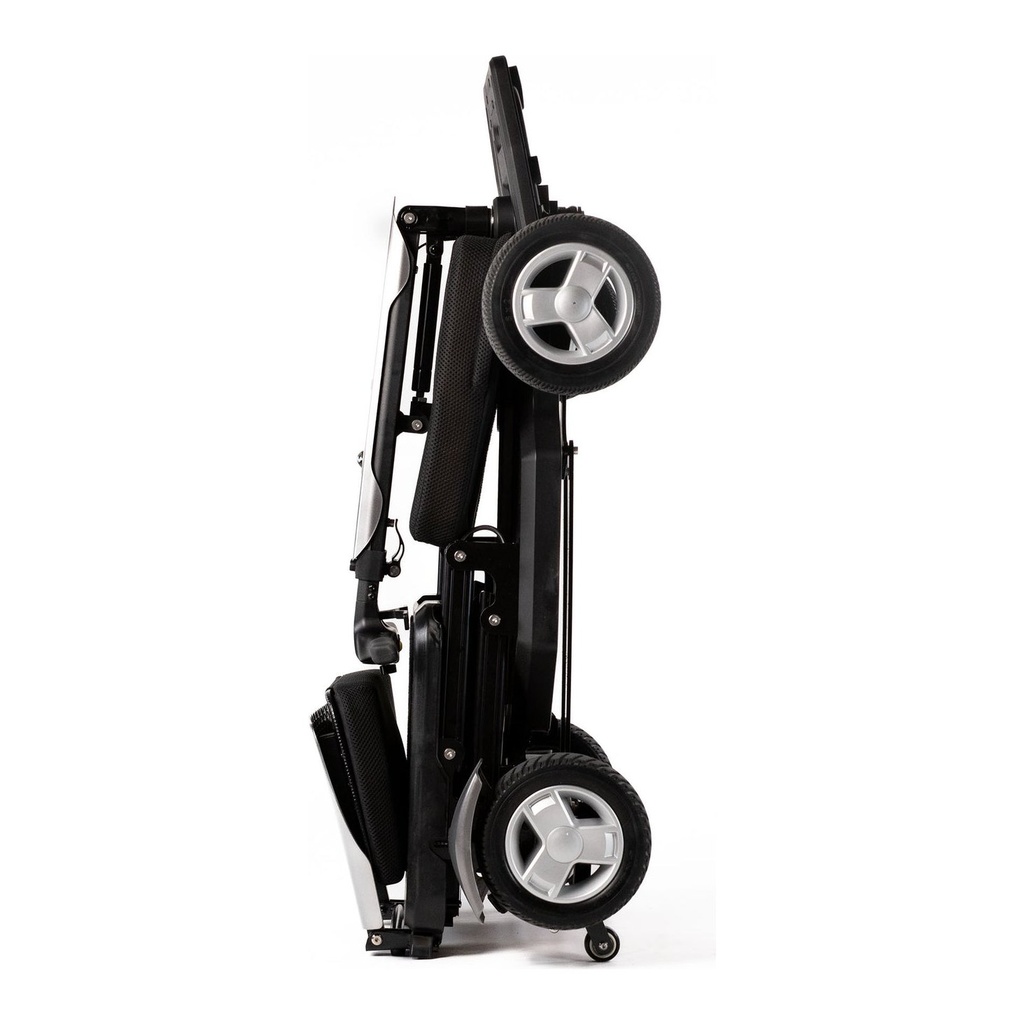 Travel Buggy Helix folded flat and standing upright on its own for storage