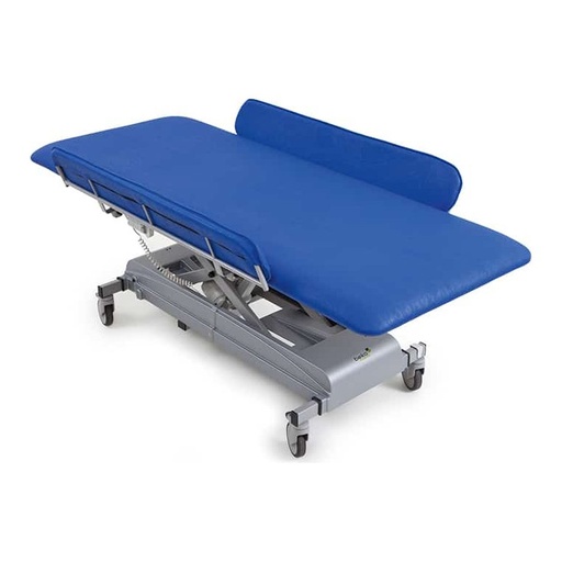 MONA care and treatment table on a white ground, showing the blue padded top and scissor base