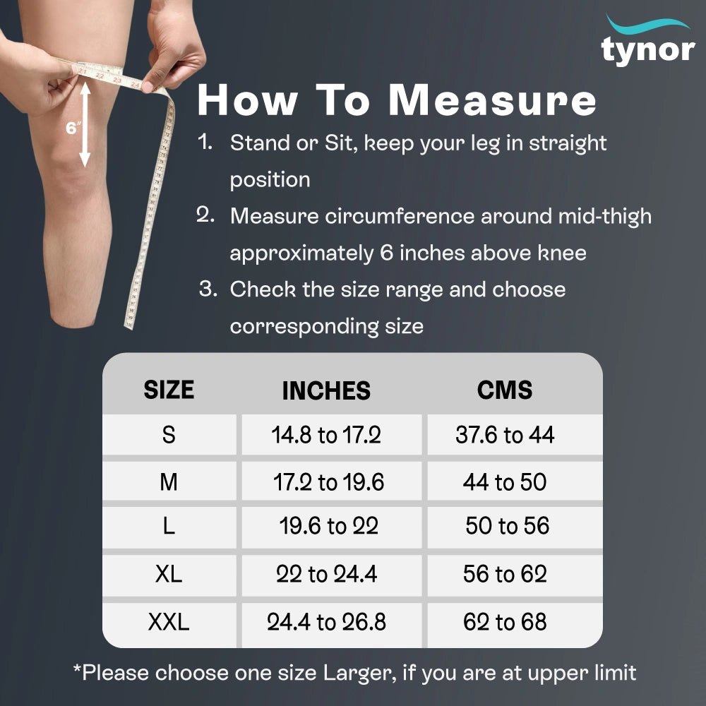 How to measure the mid-thigh for a Tynor Sportif Neo sleeve, with the maker's size chart