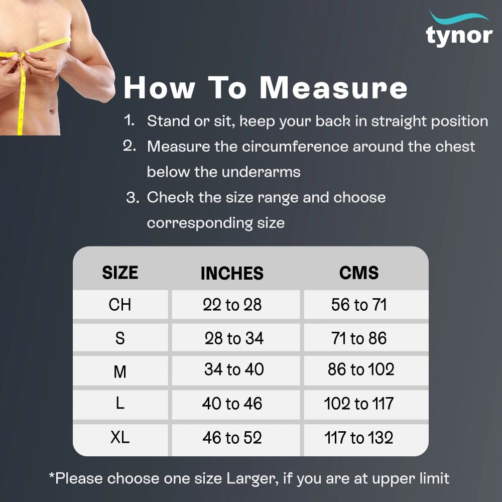 How to measure the chest for a Tynor Posture Corrector, with the maker's size chart