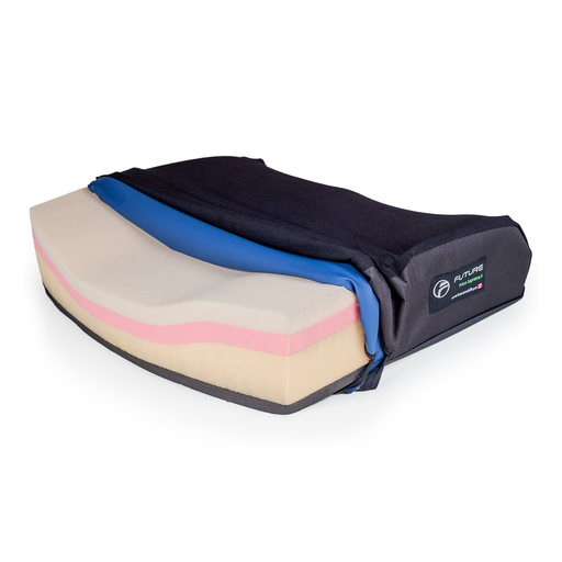 Layered foam with the blue water-resistant liner and black stretch outer cover pulled back at one side