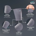 Tynor Thigh Support feature diagram, with callouts for the cotton layer and the four-way stretch