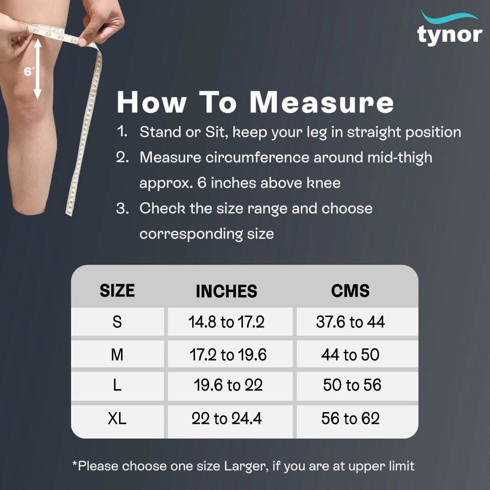 How to measure the mid-thigh for a Tynor Thigh Support, with the maker's size chart