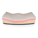 Bare foam seen from the front, showing the two leg troughs, the raised centre and the pink memory foam layer