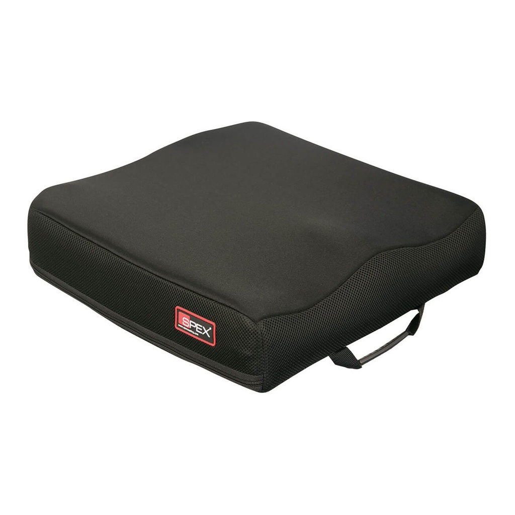 Spex Standard Contour cushion in its black spacer cover, showing the thigh rise and carry handle