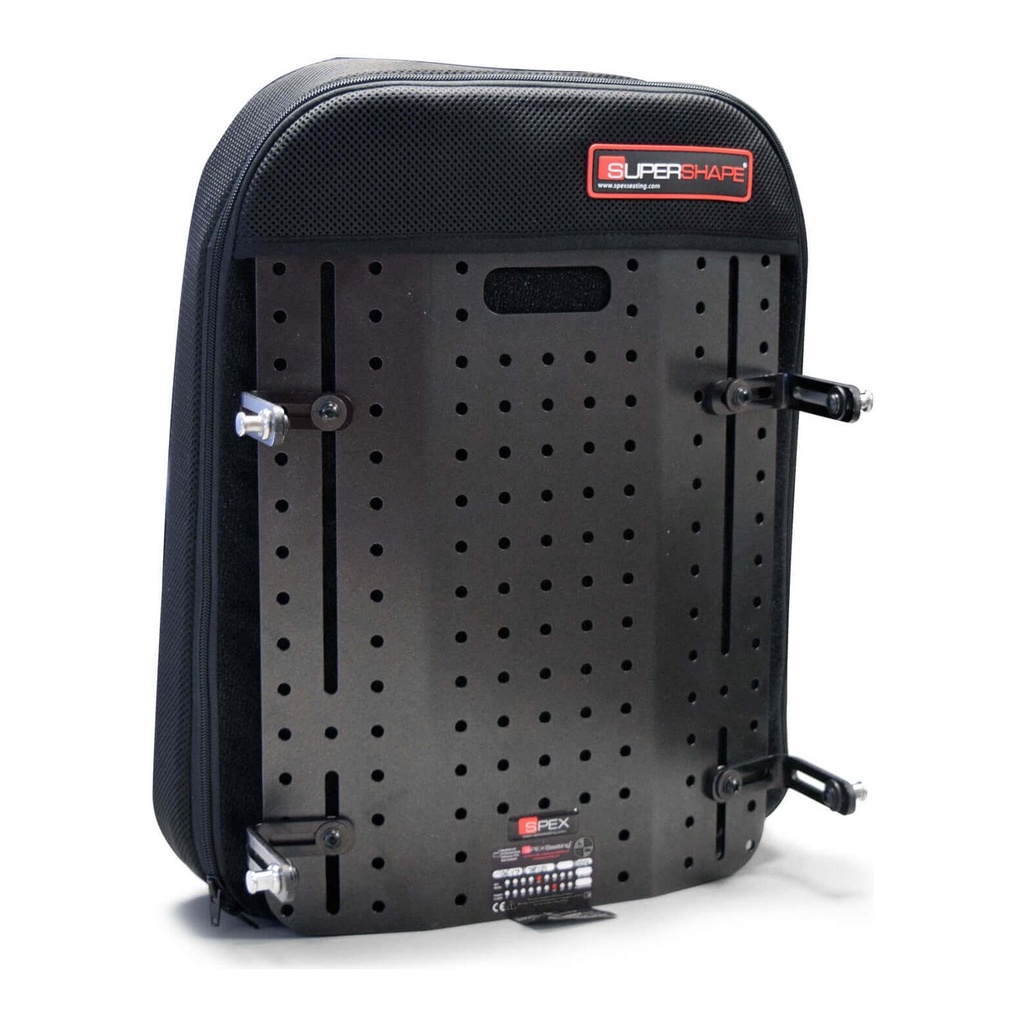 Rear of the Spex SuperShape back support, showing the perforated mounting plate, the SUPER SHAPE label and the bracket arms