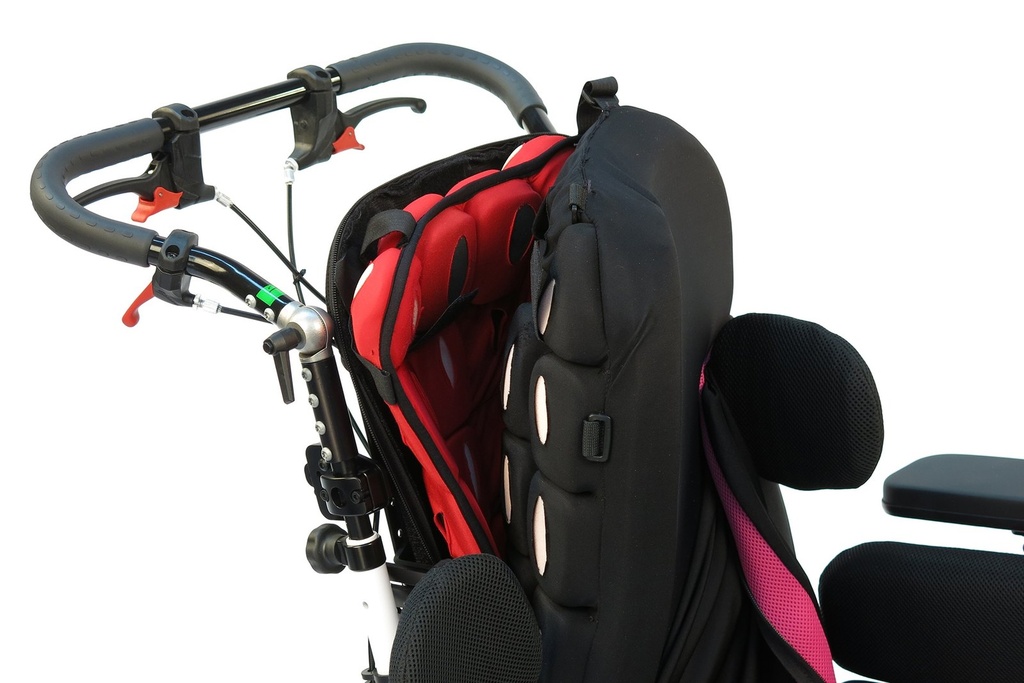SuperShape back support opened to show the red contouring cube cells inside the black expansion fabric cover