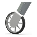Wheel with a grey fender and a black tire, close up