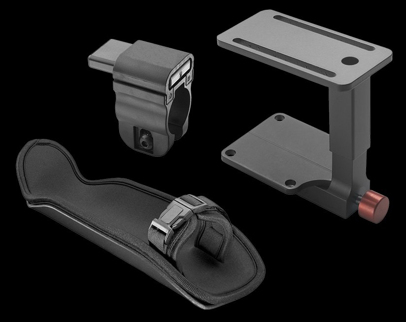 Ki Mobility Axiom positioning hardware: a clamp mount, a foot and ankle positioner and a drop seat base
