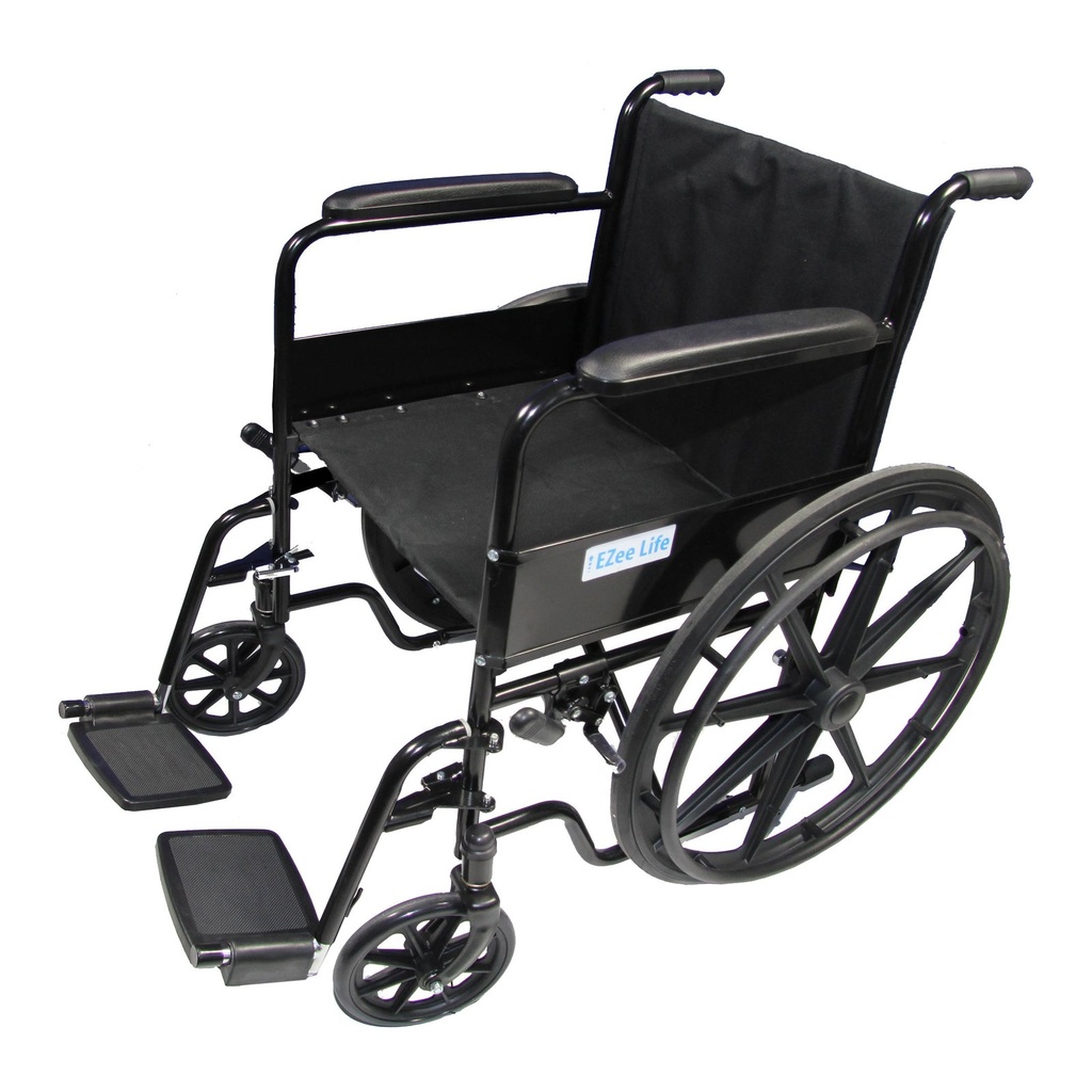 Black folding wheelchair with fixed padded arms and swing-away footrests, side view