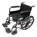 Black folding wheelchair with fixed padded arms and swing-away footrests, side view