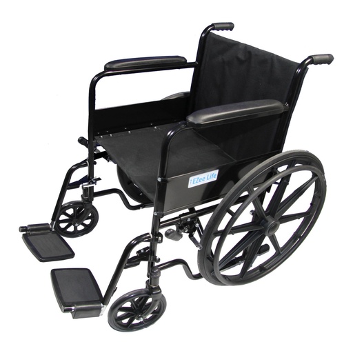 Black folding wheelchair with fixed padded arms and swing-away footrests, side view