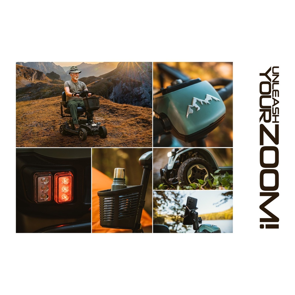 Baja Bandit BA140 outdoor scooter by Pride, detail collage of tiller, lights and basket