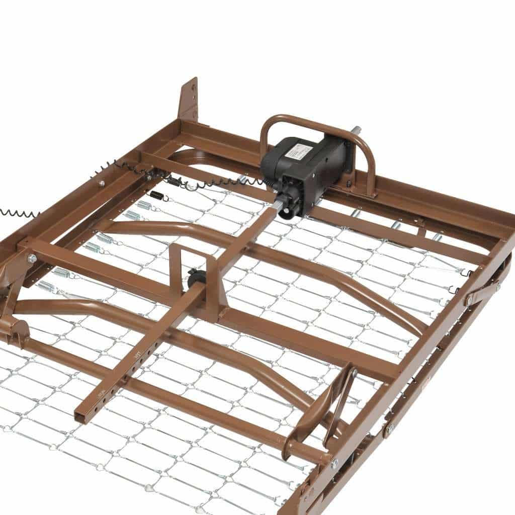 Underside of the sleep deck showing the hi/lo motor and the shaft linkage on the low bed