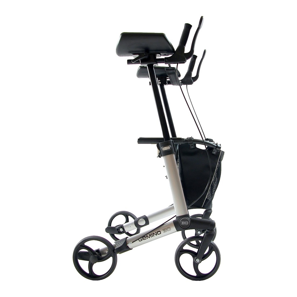 Side view of the forearm supports, seat, and four wheels
