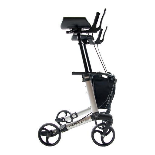 Side view of the forearm supports, seat, and four wheels