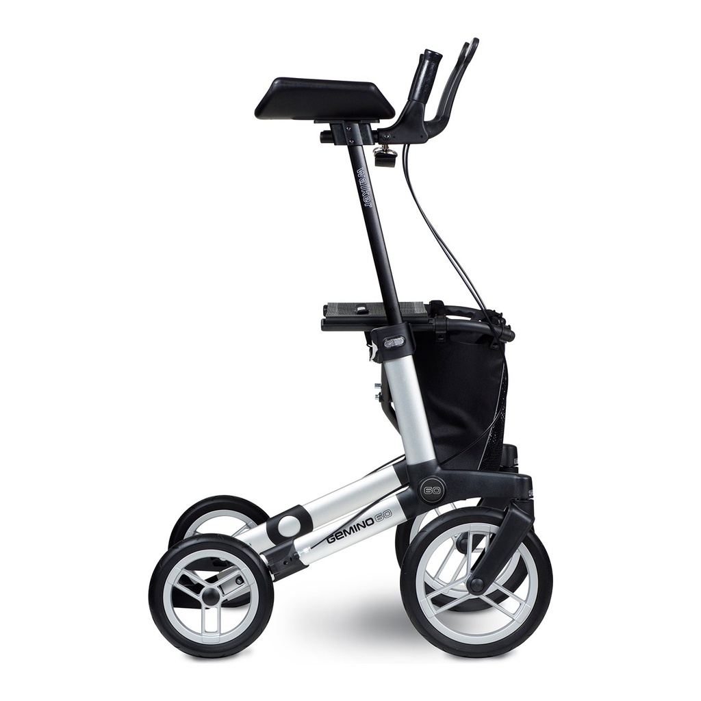 Side view showing the larger front tire and the smaller rear tire
