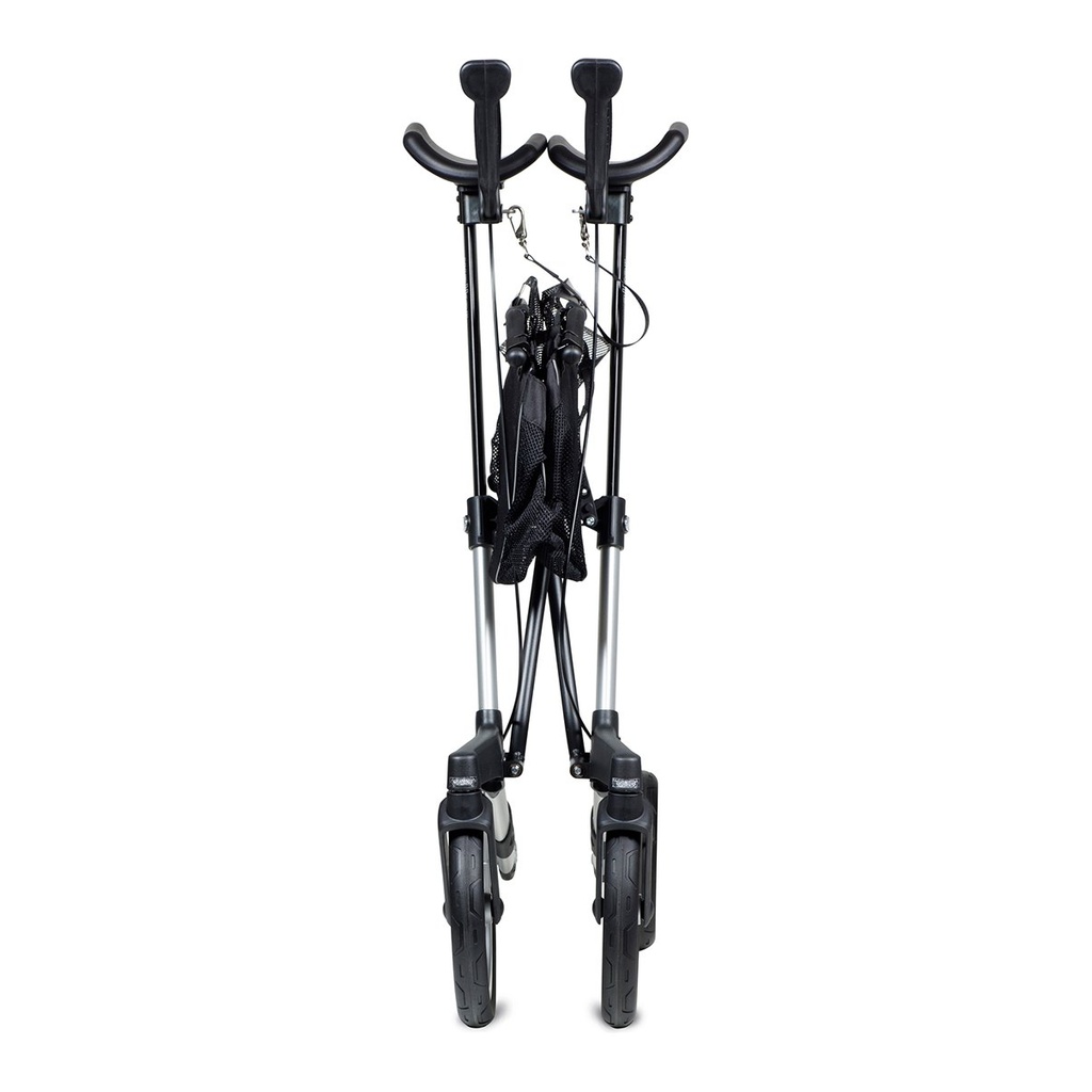 Folded walker standing on its tires, seen from the front
