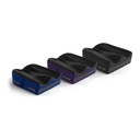 Three Axiom for Kids cushions in blue, purple and black covers, each a size larger