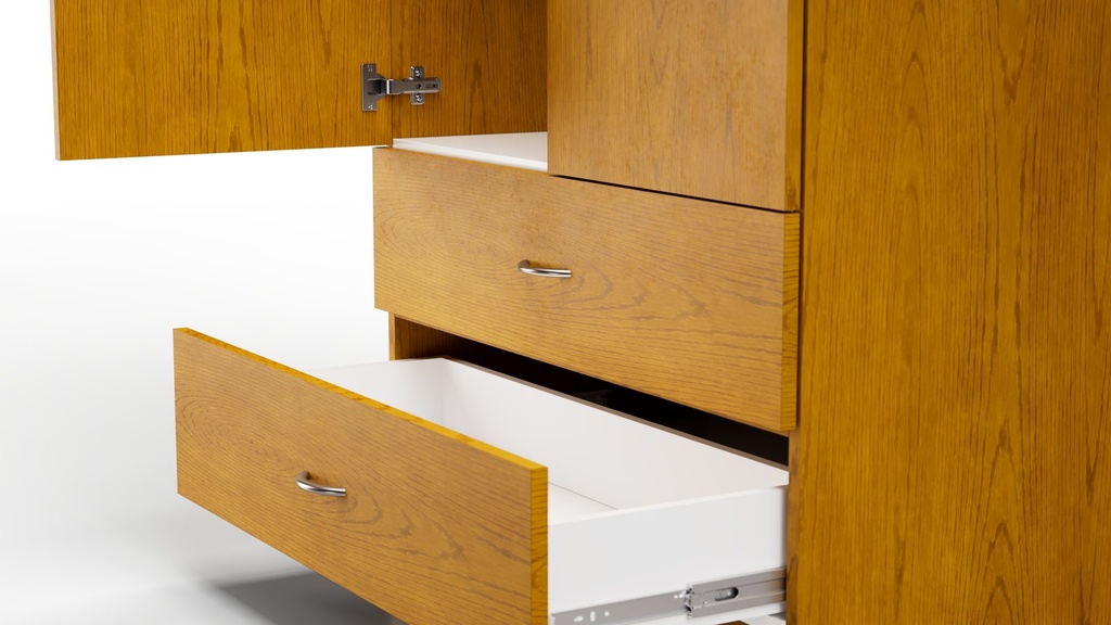 Classic wardrobe with the door open and two drawers pulled out, showing the white drawer interiors