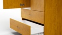 Classic wardrobe with the door open and two drawers pulled out, showing the white drawer interiors