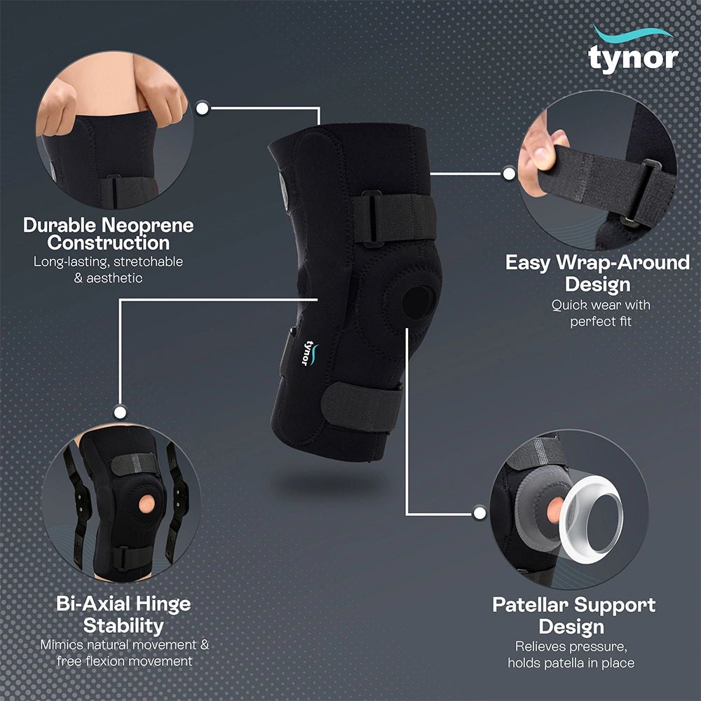 Tynor Knee Wrap Hinged feature diagram, with callouts for the hinge, the neoprene and the patella support