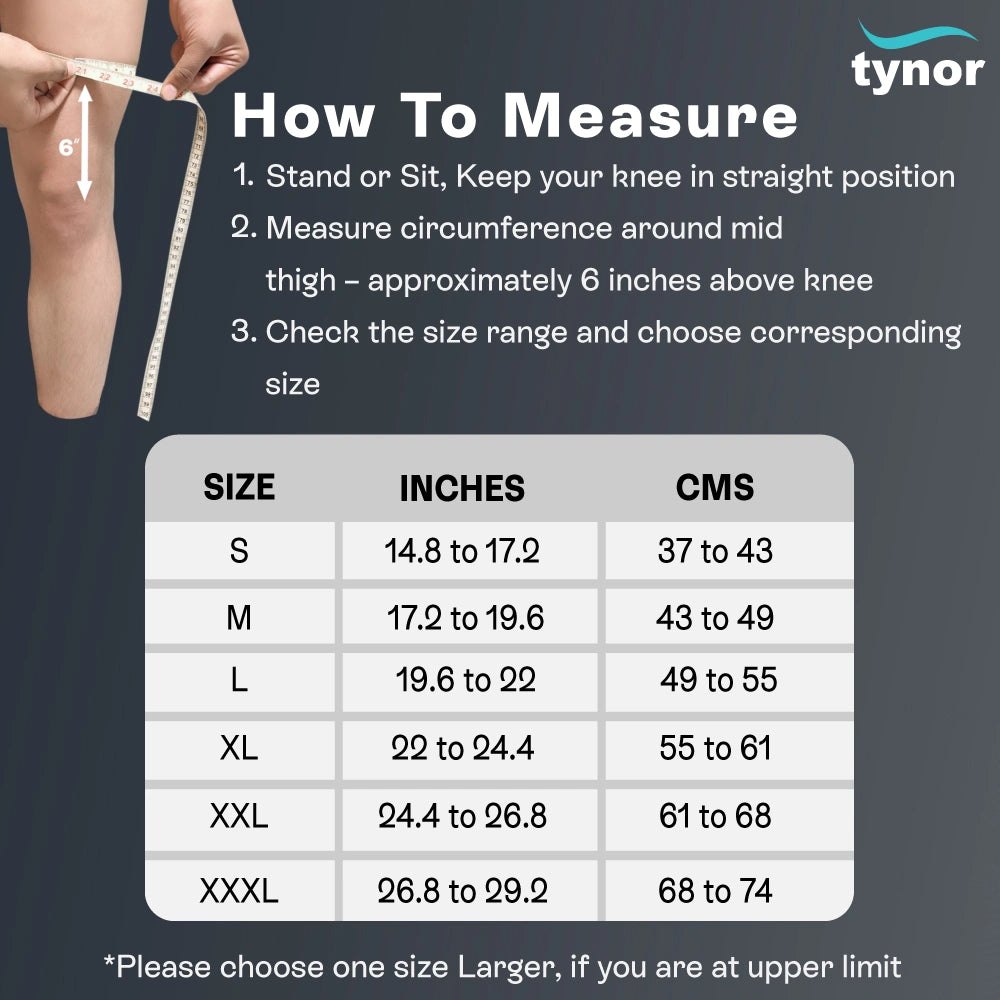 How to measure the mid-thigh for a Tynor Hinged Knee Wrap, with the maker's size chart